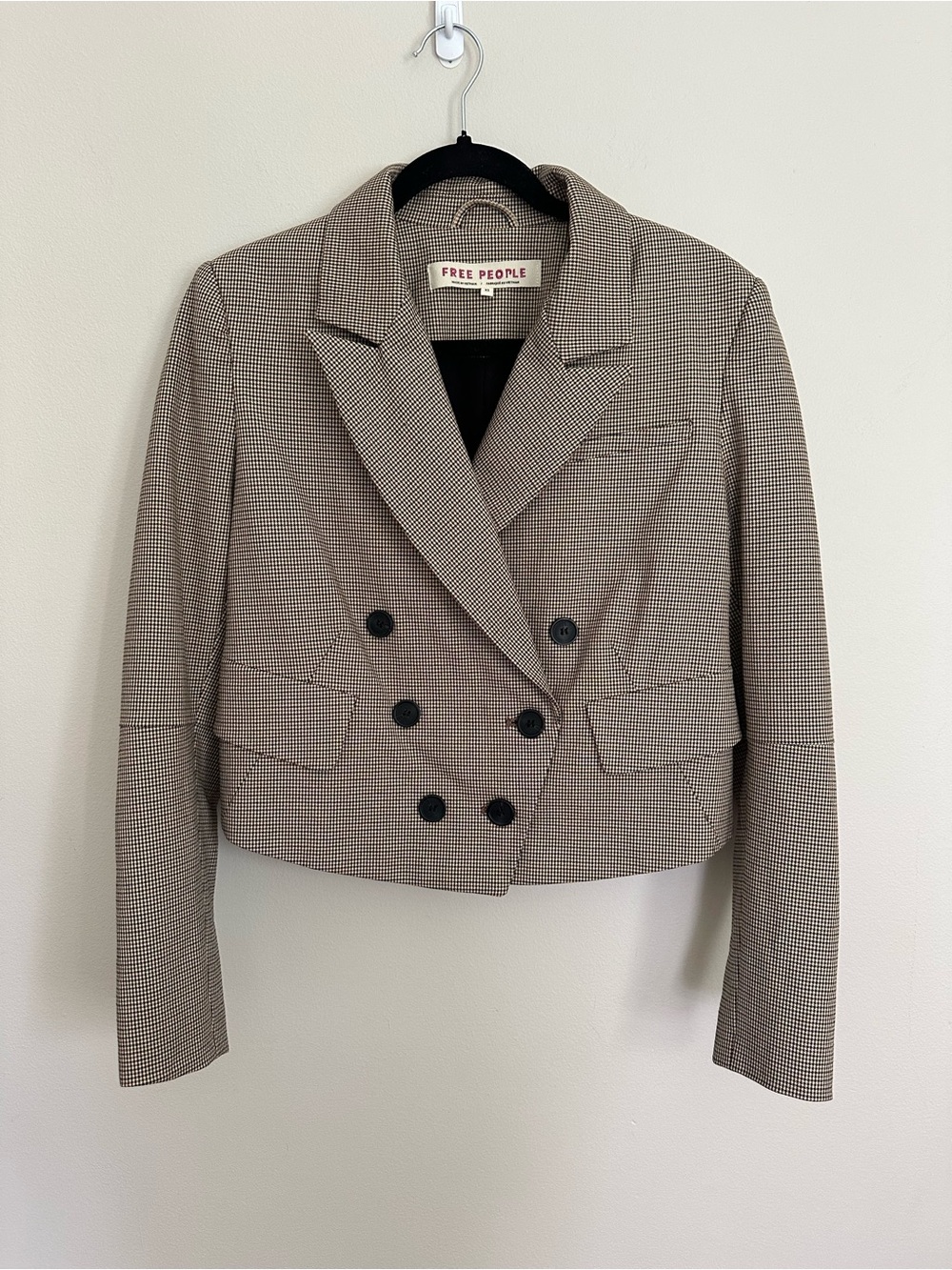 Free People Betty Blazer Brown Houndstooth Plaid Cropped XS Dark Academia Preppy